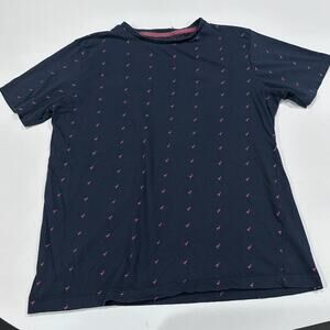 Denim Flower Shirt Mens M Blue Short Sleeve Crew Neck Flamingo Print 100% Cotton